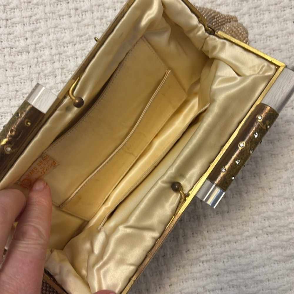 Vintage Hand Beaded Clutch by Josef satin interior lucite & metal opening - Picture 11 of 15